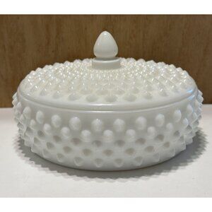 Vintage Fenton Milk Glass Hobnail Pattern Covered Candy Dish Flat Bowl